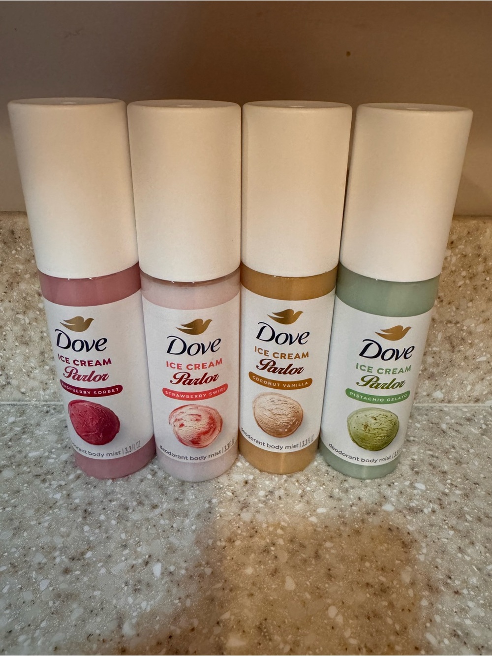 Set of 4 Dove Ice Cream Parlor Coconut Vanilla Deodorant Body Mist New
